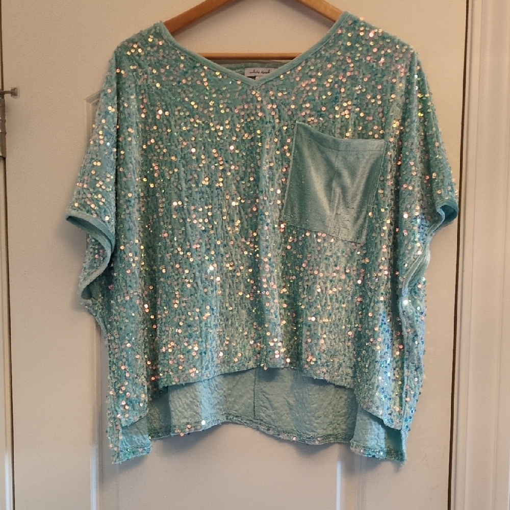 white birch Aqua Sequin Short Sleeve Pocket Top